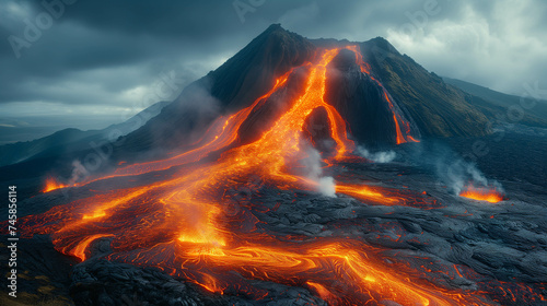 A volcano is erupting and spewing out hot lava streams.