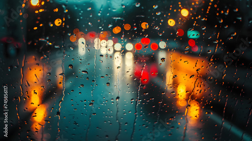 Raindrops on Window Abstract City Lights Bokeh Background