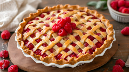 Freshly Baked Raspberry Pie with Lattice Crust on Wooden Table