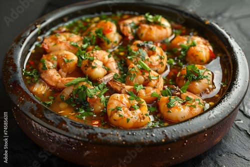 Gambas al Ajillo on a black background top view Spanish Cuisine. Concept Spanish Cuisine, Gambas al Ajillo, Top View, Black Background, Food Photography