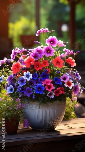 Beautiful colorful variety of spring and summer flowers in pots on the patio