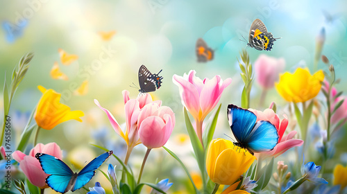 Spring Flowers and Butterflies in a Sunlit Garden #745856567