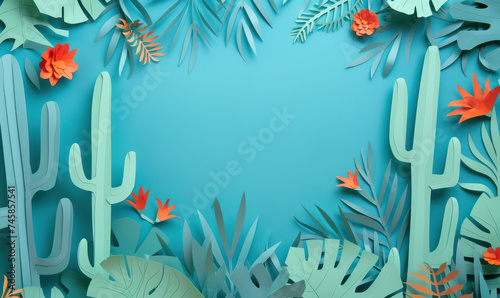 cool blue paper cut cactus and tropical leaves border design