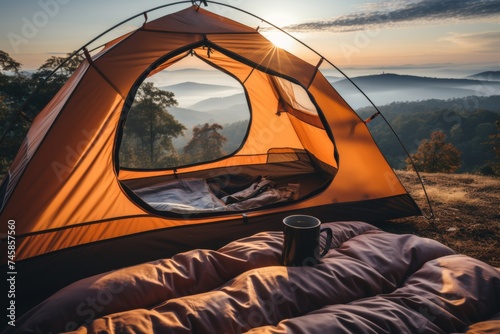 POV view, resting traveler in the camping tent, view to the mountain canyon, scenic autumn nature background