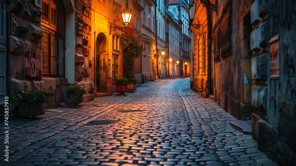 Fototapeta premium An old cobblestone street in a historic city.