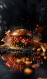Fresh crispy fried chicken burger sandwich served with french fries on a fire smoky background. Commercial food photography banner with copy space. Street food concept.