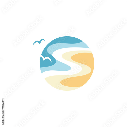 Abstract logo beach, sea, ocean, sun, sky, sand, resort template sign design vector. Sign, icon, symbol summer, enjoy, water waves, sand. Landscape horizon line. Vector illustration.