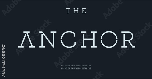 Slab serif minimalist alphabet, strokes lines letters, bold regular thin stencil font for striking branding, elegant headline, fashion logo. Clean, contemporary typography. Vector typeset.