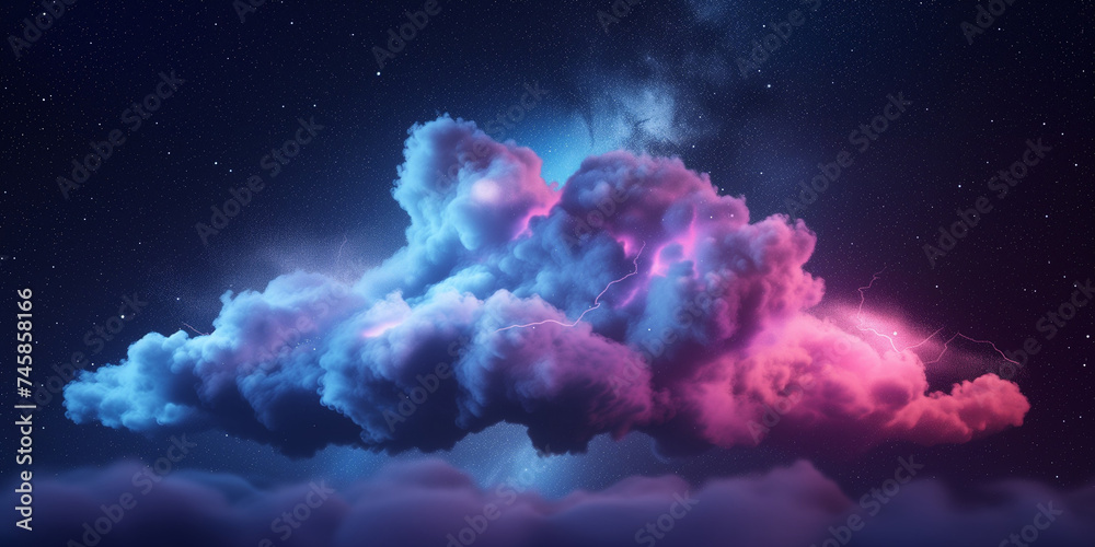 Glowing cloud background pattern. Sunset or sunrise background. Purple pink decorative horizontal banner. Digital artwork raster bitmap illustration. AI artwork.
