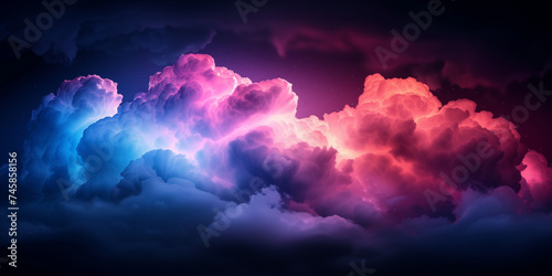 Glowing cloud background pattern. Sunset or sunrise background. Purple pink decorative horizontal banner. Digital artwork raster bitmap illustration. AI artwork.