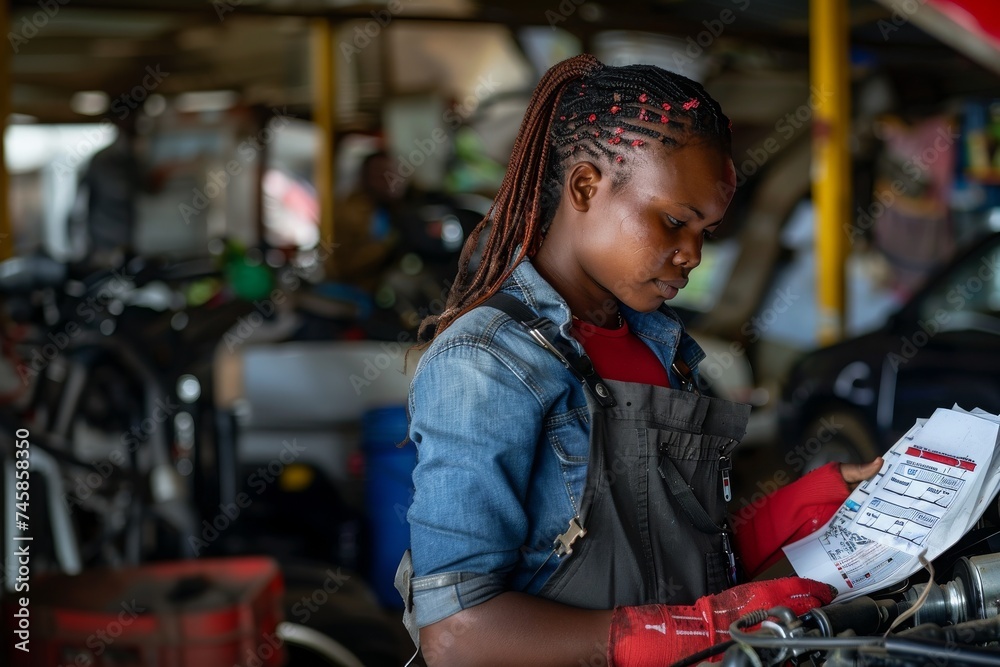 Auto Care Excellence: Afrowoman Mechanic Efficiently Goes Through Checklist During Garage Work