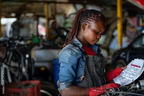 Auto Care Excellence: Afrowoman Mechanic Efficiently Goes Through Checklist During Garage Work