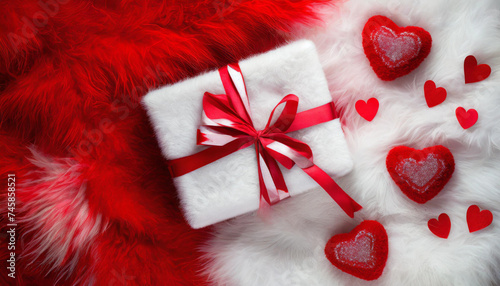 Gift boxes with and hearts on the fur background. Top view