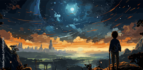 night scene of two brothers outdoors, llittle boy looking through a telescope at stars in the sky, digital art style, illustration painting