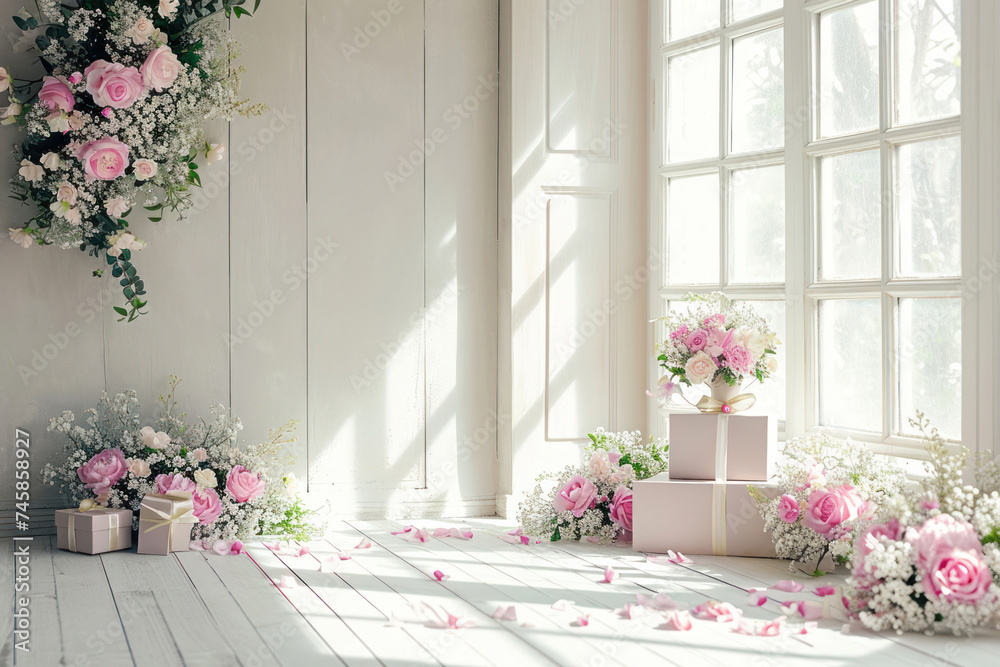 Gift boxes, bouquets of flowers, in the interior of a richly decorated sunny room. Copy space. Concept for Valentine's Day, love, birthday, relationship, romance