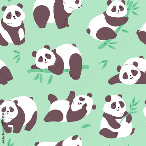 Seamless repeatable pattern with lovely cute baby pandas, flat vector illustration.