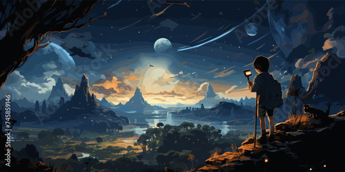 night scene of two brothers outdoors, llittle boy looking through a telescope at stars in the sky, digital art style, illustration painting