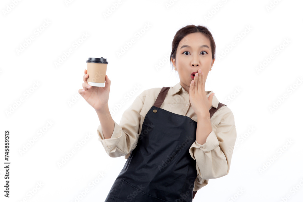 Cheerful young asian woman barista in casual work attire happily holding a takeaway coffee cup, isolated white background, joyful barista presenting takeaway coffee, small business or startup. Cheerful young asian woman barista in casual work attire happily holding a takeaway coffee cup, isolated white background, joyful barista presenting takeaway coffee, small business or startup.