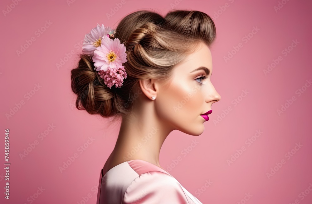 Naklejka premium Side view, hairstyle with spring flowers for beautiful woman