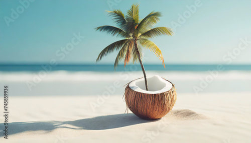 Coconut with palm on the beach.