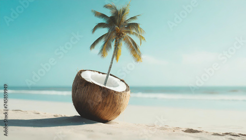 Coconut with palm on the beach.