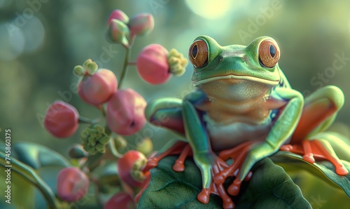 The frog sits on a leaf and looks directly at the background of exotic flowers.