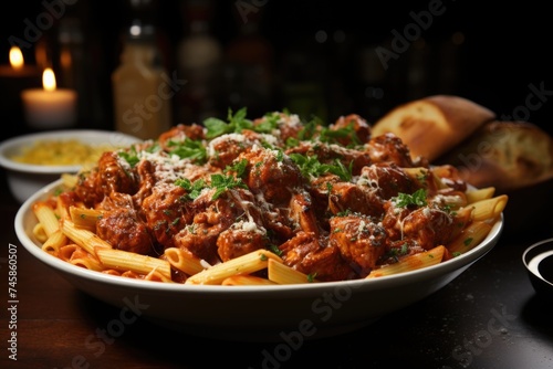 Penne pasta with meatballs in tomato sauce in a white bowl, generative IA