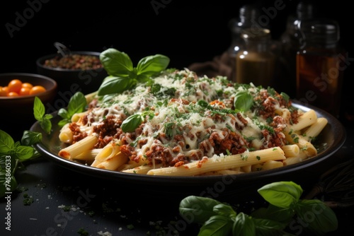 Penne pasta with bolognese sauce, Parmesan cheese and basil, generative IA