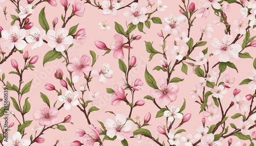 Pink delicate background cherry flowers pattern.