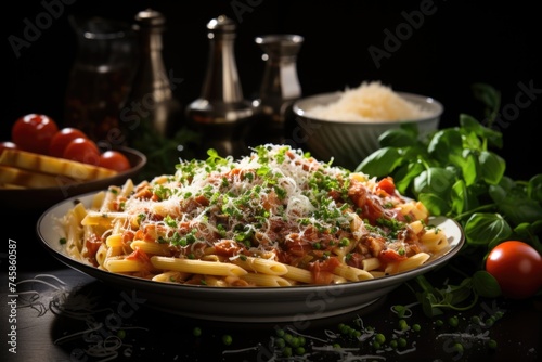 Penne pasta in tomato sauce with meat, tomatoes decorated with pea sprouts on a da, generative IA