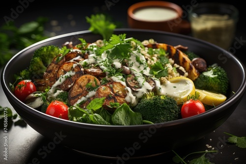 Dietary menu. Healthy vegetable vegan salad - broccoli, mushrooms, spinach and qui, generative IA