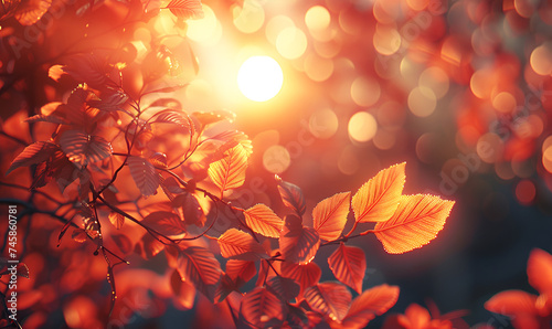 Leaves with sun rising from the shadow in Autumn, autumn leaves falling, a vibrant autumn, Autumn Leaves, Beautiful Foliage in Fall Season, Generative AI