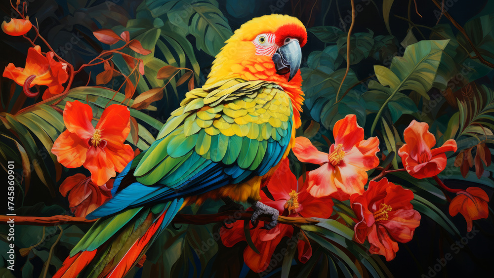 A colorful parrot perches amid vibrant tropical flowers, beautiful birds concept