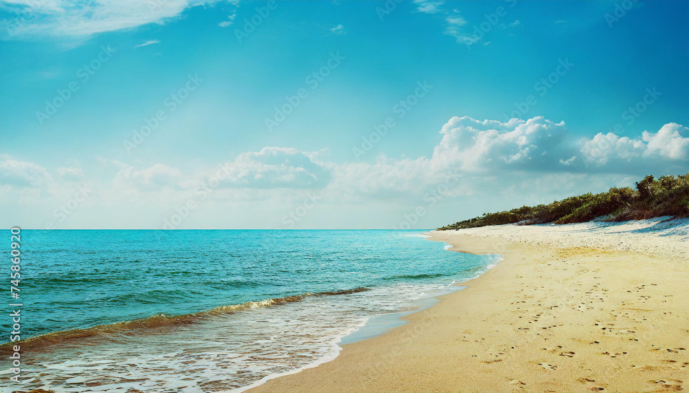 Obraz premium Beautiful white beach and blue ocean at the sunny summer day. 