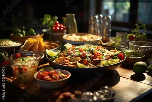 Dining table full of traditional Mexican dishes and salads  generative IA
