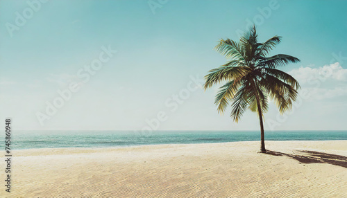 Palm tree on the beautiful white beach and blue ocean. 
