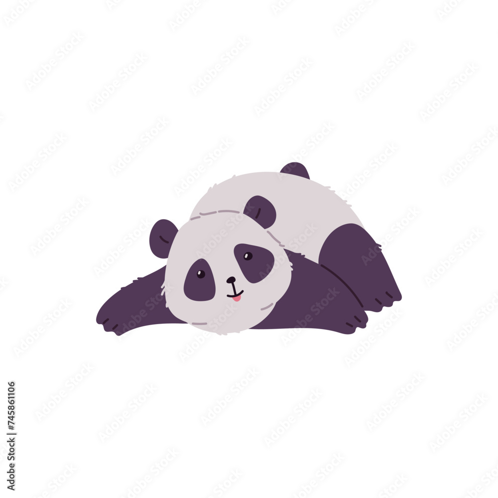 Naklejka premium Cute panda lies on the belly vector cartoon illustration, funny Asian bear with fluffy black and white wool, wild animal