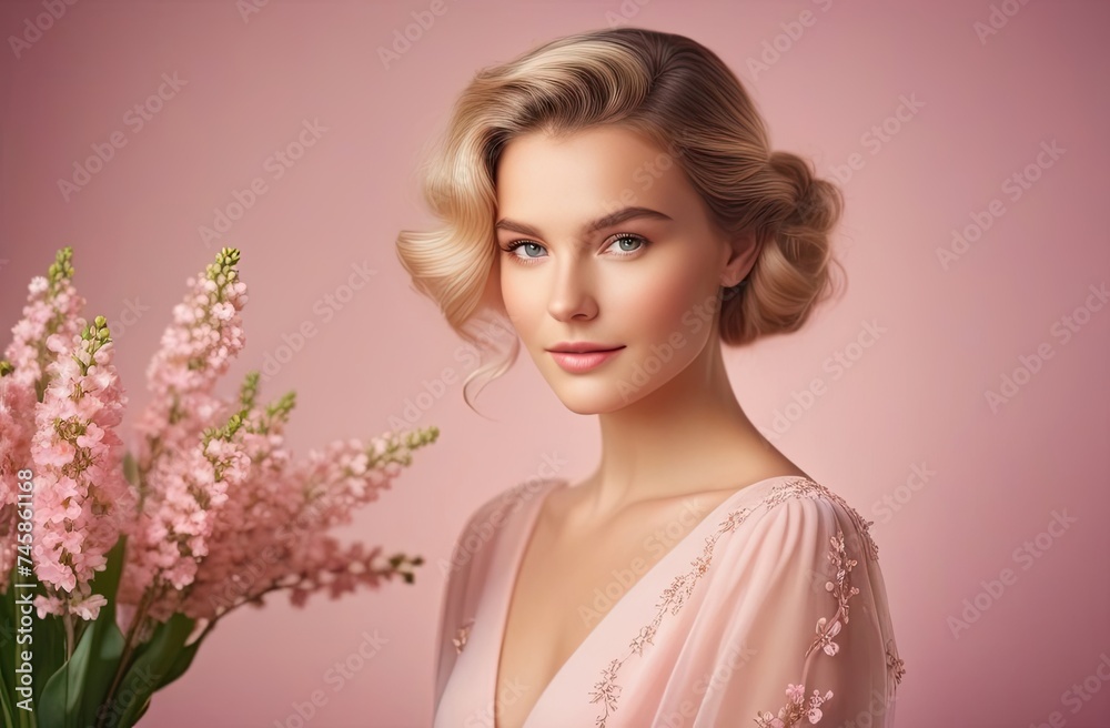 Fototapeta premium Lovely woman in pink dress with bouquet of flowers