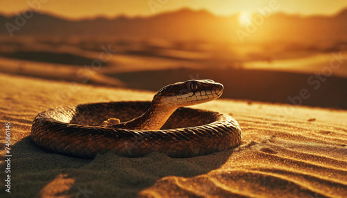 Snake in the sand in desert at sunset.	
 photo
