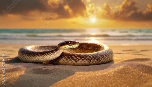 Snake in the sand in desert at sunset. photo