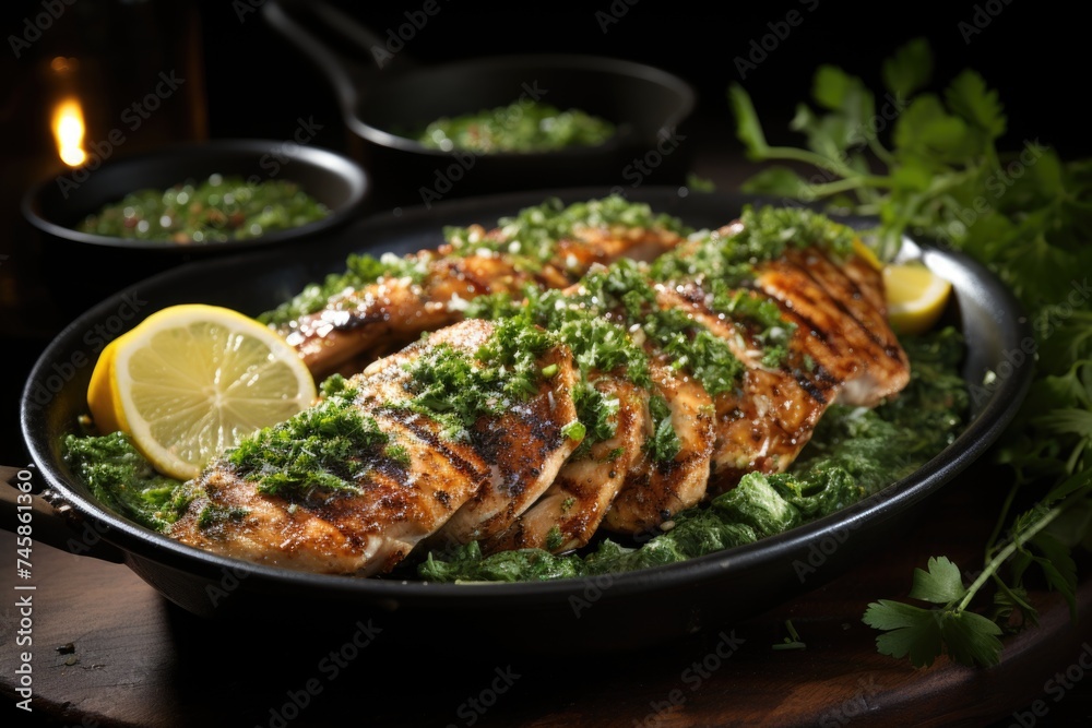 Grilled chicken breast with green spice sauce sight, generative IA