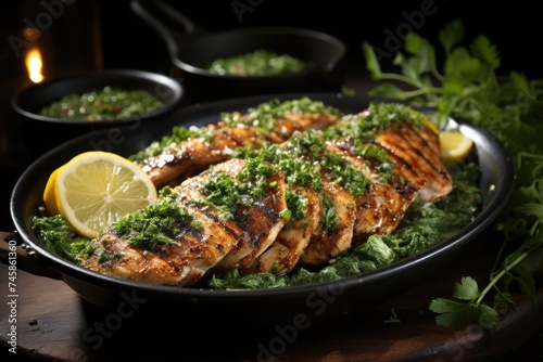 Grilled chicken breast with green spice sauce sight, generative IA