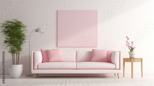 Contemporary Living Room Design with Soft Pink Sofa and Minimalist Decorations