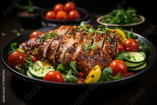 Grilled chicken breast and fresh vegetable salad - tomato leaves, cucumber and let, generative IA