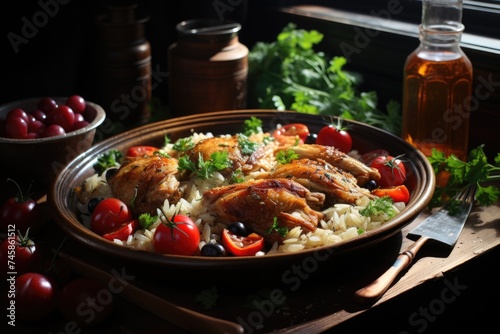 Pilaf with chicken meat, cherry, salt on a wooden plate and kitchen towel., generative IA