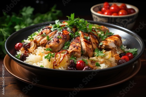 Pilaf with chicken meat, cherry, salt, basil, garlic on a plate in the wood and a , generative IA