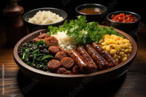 Dish with sausage beans rice salad and traditional Brazilian cuisine lunch, generative IA