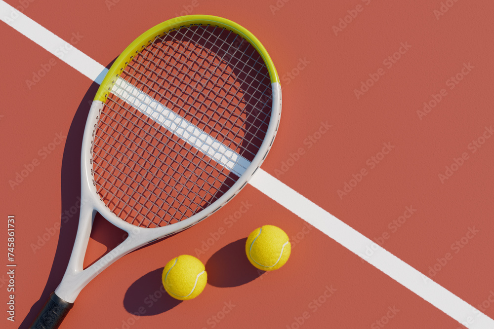 One tennis racket and a ball lie on the sports court. 3D rendering
