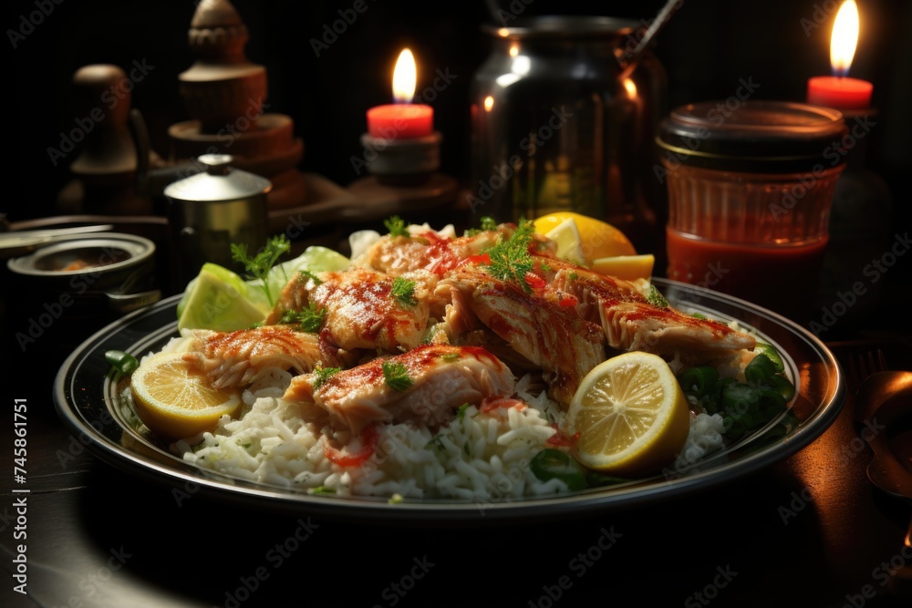 Dish defines tuna salad caesar shrimp chicken legs side view, generative IA