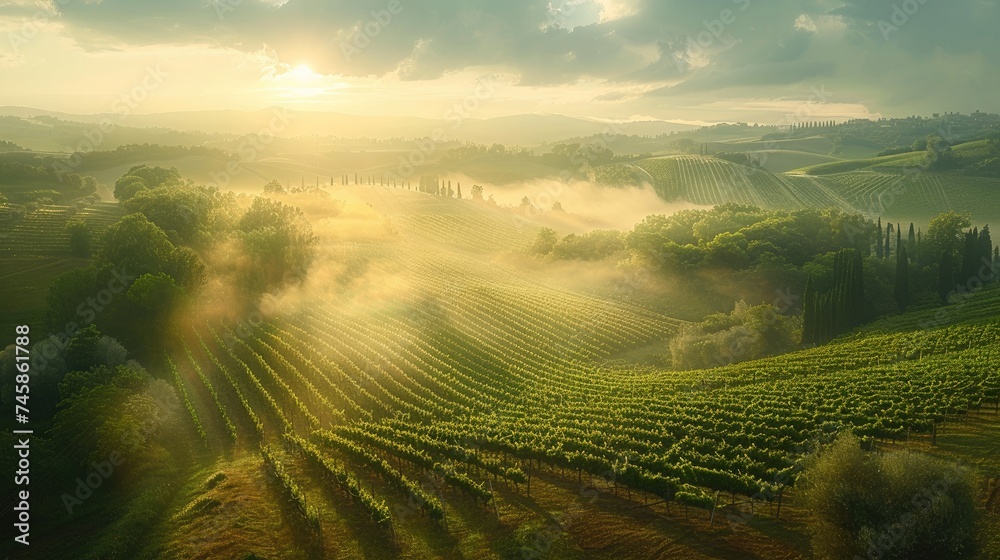 Misty morning sun rays illuminating the vibrant green vineyards of the rolling hills, evoking a serene, picturesque Tuscan landscape. - obrazy, fototapety, plakaty 